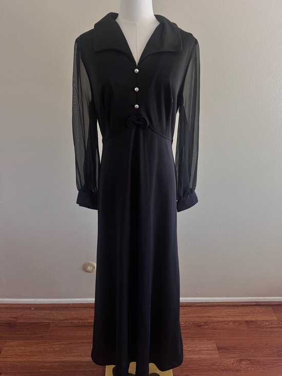 Lily & Lynn Dresses & Skirts - Vintage 1970s Lily& Lyn Black Maxi Dress Sheer Sleeves Rhinestone